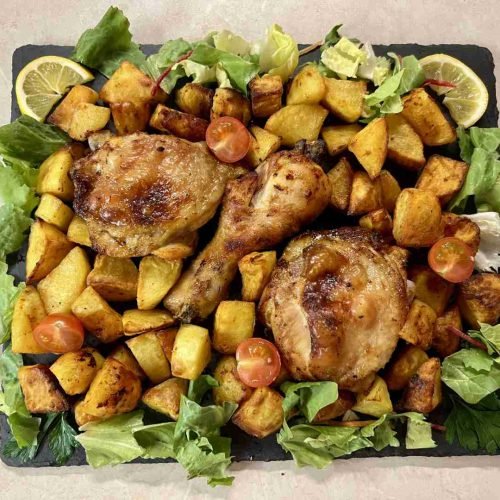 Rezept für Hähnchenschenkel mit Kartoffeln im Airfryer
